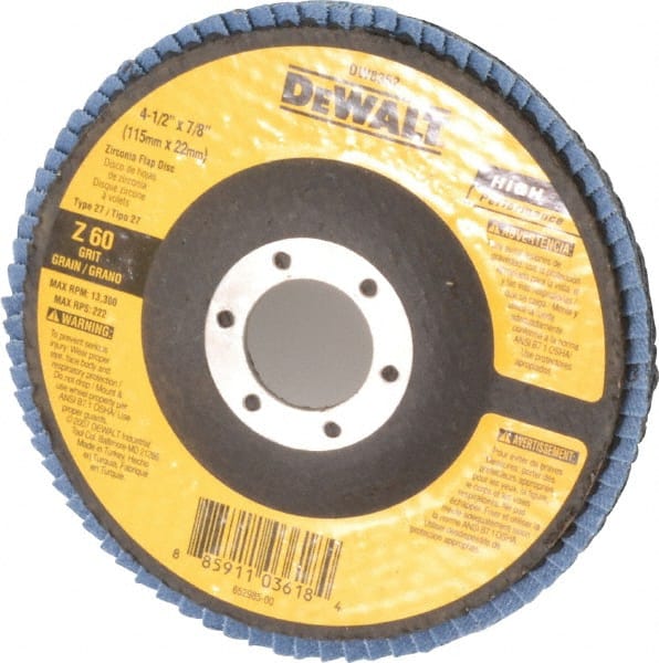 DeWALT - 60 Grit, 4-1/2" Disc Diam, 7/8" Center Hole, Type 27 Zirconia Alumina Flap Disc - 13,300 Max RPM, Fiberglass Backing, Arbor Attaching System, Coated - Exact Tooling