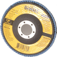 DeWALT - 60 Grit, 4-1/2" Disc Diam, 7/8" Center Hole, Type 27 Zirconia Alumina Flap Disc - 13,300 Max RPM, Fiberglass Backing, Arbor Attaching System, Coated - Exact Tooling