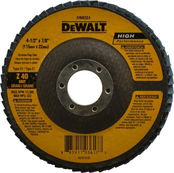 DeWALT - 40 Grit, 4-1/2" Disc Diam, 7/8" Center Hole, Type 27 Zirconia Alumina Flap Disc - 13,300 Max RPM, Fiberglass Backing, Arbor Attaching System, Coated - Exact Tooling