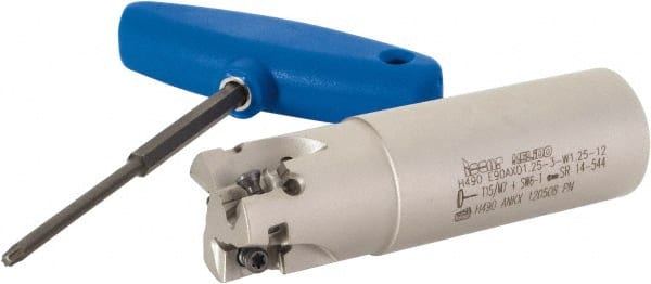 Iscar - 1-1/4" Cut Diam, 0.472" Max Depth of Cut, 1-1/4" Shank Diam, 4-1/4" OAL, Indexable Square Shoulder Helical End Mill - H490 AN.X 12 Inserts, Weldon Shank, 90° Lead Angle, Through Coolant, Series Helido - Exact Tooling