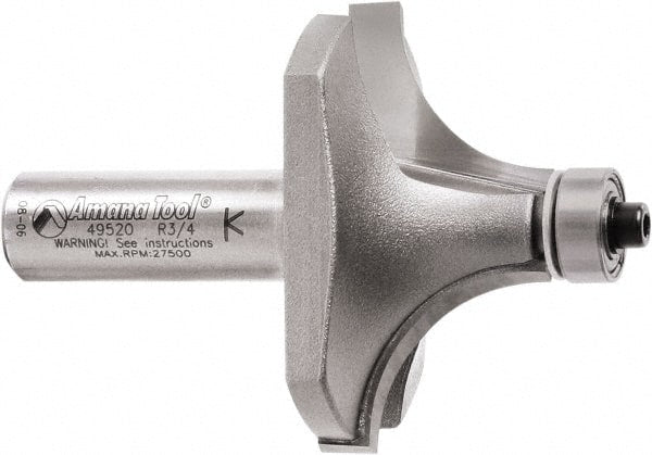 Amana Tool - 2" Cut Diam, 1" Length of Cut, 2 Flute Round-Over Edge Profile Router Bit - Carbide-Tipped, 1/2" Shank Diam, 2-7/8" OAL, Uncoated - Exact Tooling