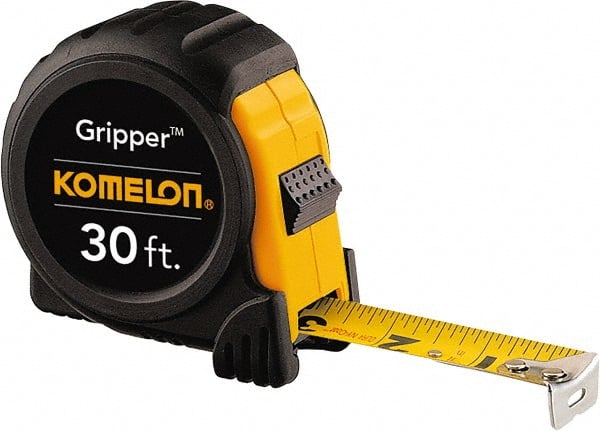 Komelon - 30' x 1" Yellow Steel Blade Tape Measure - 1/16" Graduation, Inch Graduation Style, Yellow/Black ABS Plastic Case - Exact Tooling