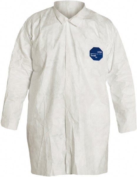 Dupont - Size L White Disposable Chemical Resistant Lab Coat - Tyvek, Snap Front, Open Cuff - Exact Tooling