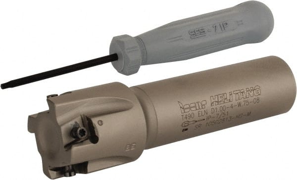 Iscar - 1" Cut Diam, 0.315" Max Depth of Cut, 3/4" Shank Diam, 3.38" OAL, Indexable Square Shoulder Helical End Mill - T490 LN.T 0804 Inserts, Weldon Shank, 90° Lead Angle, Series Helitang - Exact Tooling