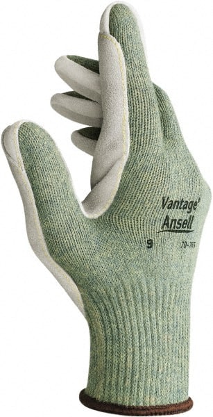 Ansell - Size M (8), ANSI Cut Lvl 4, Abrasion Lvl 5, Leather Cut Resistant Gloves - Kevlar/Poly/Cotton Lining, Knit Wrist, Gray, Paired - Exact Tooling