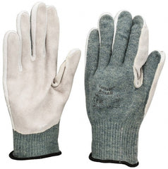 Ansell - Size XL (10), ANSI Cut Lvl 4, Abrasion Lvl 5, Leather Cut Resistant Gloves - Kevlar/Poly/Cotton Lining, Knit Wrist, Gray, Paired - Exact Tooling