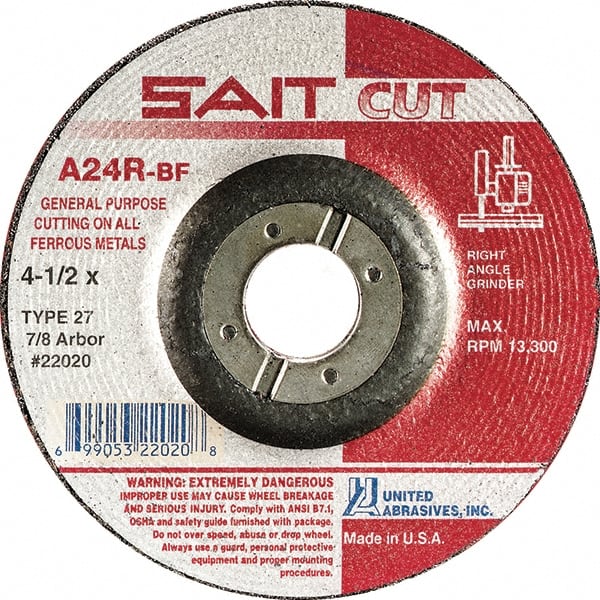 Sait - 24 Grit, 4" Wheel Diam, 1/8" Wheel Thickness, 3/8" Arbor Hole, Type 27 Depressed Center Wheel - Aluminum Oxide, Resinoid Bond, R Hardness, 13,500 Max RPM, Compatible with Angle Grinder - Exact Tooling