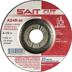 Sait - 24 Grit, 4" Wheel Diam, 1/8" Wheel Thickness, 3/8" Arbor Hole, Type 27 Depressed Center Wheel - Aluminum Oxide, Resinoid Bond, R Hardness, 13,500 Max RPM, Compatible with Angle Grinder - Exact Tooling