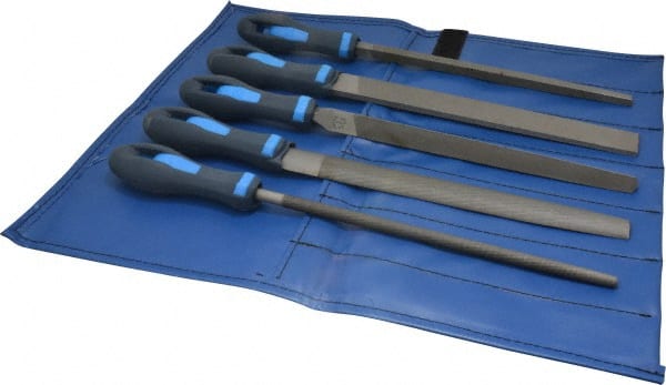 PFERD - 5 Piece American Pattern File Set - 10" Long, Second Coarseness, Ergonomic Handle, Set Includes Hand, Three Square, Square, Round, Tapered Half Round - Exact Tooling