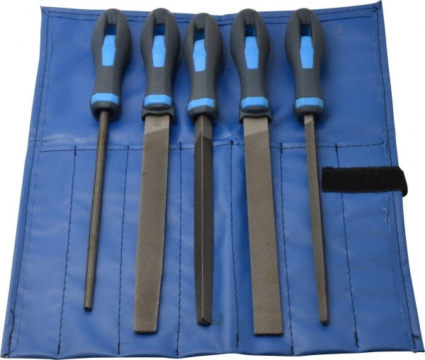 PFERD - 5 Piece American Pattern File Set - 8" Long, Bastard Coarseness, Ergonomic Handle, Set Includes Hand, Three Square, Square, Round, Tapered Half Round - Exact Tooling