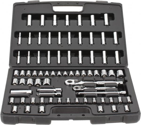 Stanley - 75 Piece 1/4 & 3/8" Drive Standard Deep Socket Set - 3/16 to 13/16", 4 to 19mm, Inch/Metric Measurement Standard - Exact Tooling