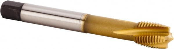 Kennametal - M10x1.25 Metric Fine 3 Flute 6HX Plug Spiral Flute Tap - Powdered Metal, TiCN/TiN Finish, 100mm OAL, Left Hand Flute, Right Hand Thread, Series T620 - Exact Tooling