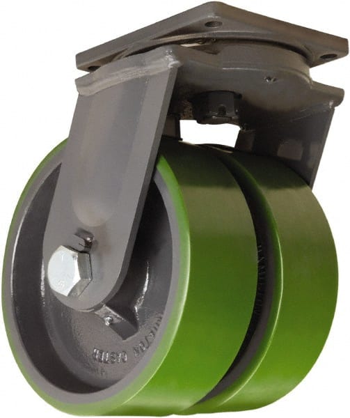 Hamilton - 12" Diam x 3" Wide x 15-1/2" OAH Top Plate Mount Dual Swivel Caster - Polyurethane Mold onto Cast Iron Center, 7,000 Lb Capacity, Straight Roller Bearing, 8-1/2 x 8-1/2" Plate - Exact Tooling