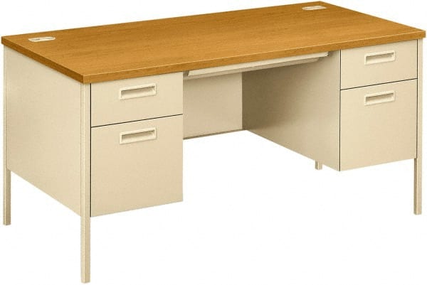 Hon - Laminate Top & Metal Base Double Pedestal Desk with Center Drawer - 60" Wide x 30" Deep x 29-1/2" High, Harvest/Putty - Exact Tooling