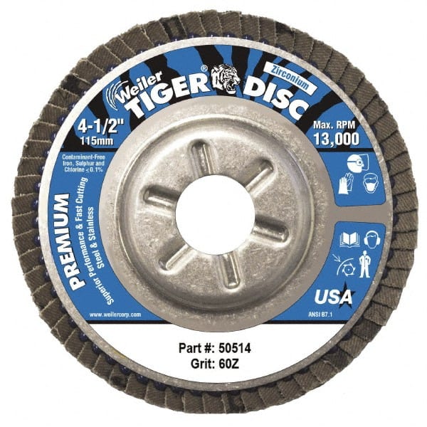 Weiler - 60 Grit, 4-1/2" Disc Diam, 5/8-11 Center Hole, Type 29 Zirconia Alumina Flap Disc - 13,000 Max RPM, Aluminum Backing, Coated - Exact Tooling
