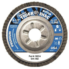 Weiler - 60 Grit, 4-1/2" Disc Diam, 5/8-11 Center Hole, Type 29 Zirconia Alumina Flap Disc - 13,000 Max RPM, Aluminum Backing, Coated - Exact Tooling