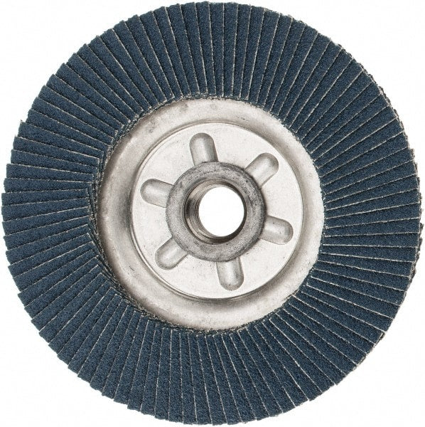 Weiler - 80 Grit, 4-1/2" Disc Diam, 5/8-11 Center Hole, Type 29 Zirconia Alumina Flap Disc - 13,000 Max RPM, Aluminum Backing, Quick Change Type S Attaching System, Coated - Exact Tooling