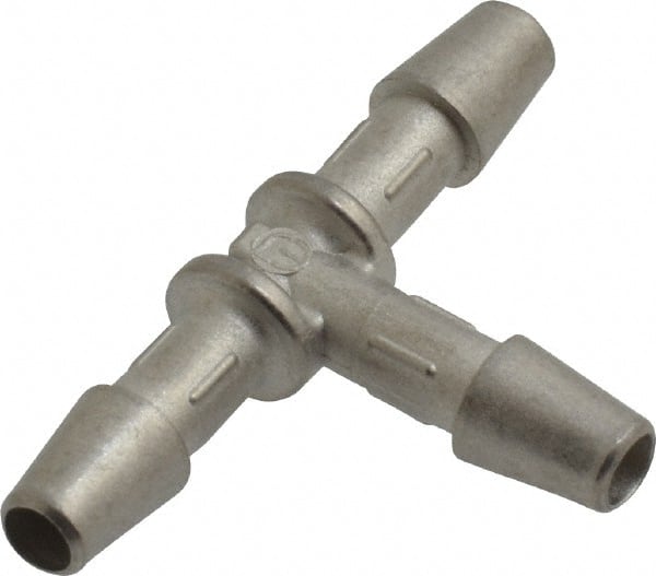 Made in USA - 0.082" Tube ID, Metal Barbed Tube Tee - Stainless Steel - Exact Tooling