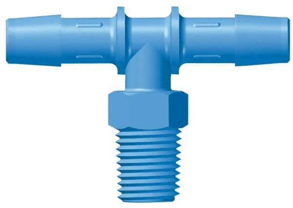 Made in USA - 3/8" Barb, 3/8, HDPE Single Barbed Tube Threaded Tee - Blue, Male - Exact Tooling