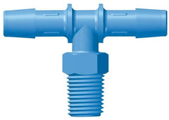 Made in USA - 3/8" Barb, 3/8, HDPE Single Barbed Tube Threaded Tee - Blue, Male - Exact Tooling