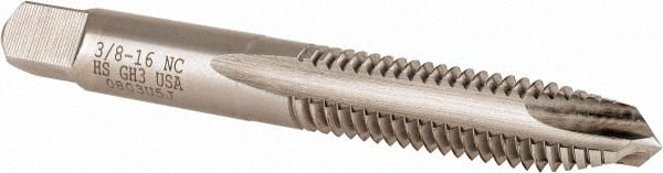 Hertel - 3/8-16 UNC, 3 Flute, Bright Finish, High Speed Steel Spiral Point Tap - Plug Chamfer, Right Hand Thread, 2-15/16" OAL, 3B Class of Fit - Exact Tooling