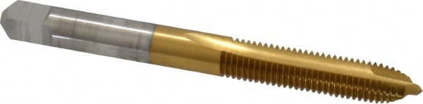 Hertel - 1/4-28 UNF, 2 Flute, TiN Finish, High Speed Steel Spiral Point Tap - Plug Chamfer, Right Hand Thread, 2-1/2" OAL, 3B Class of Fit - Exact Tooling