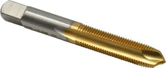 Hertel - 3/8-24 UNF, 3 Flute, TiN Finish, High Speed Steel Spiral Point Tap - Plug Chamfer, Right Hand Thread, 2-15/16" OAL, 3B Class of Fit - Exact Tooling