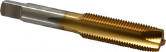 Hertel - 9/16-18 UNF, 3 Flute, TiN Finish, High Speed Steel Spiral Point Tap - Plug Chamfer, Right Hand Thread, 3-19/32" OAL - Exact Tooling