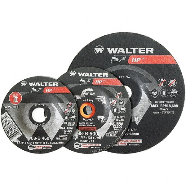 WALTER Surface Technologies - 24 Grit, 7" Wheel Diam, 1/4" Wheel Thickness, 7/8" Arbor Hole, Type 27 Depressed Center Wheel - Aluminum Oxide, Resinoid Bond, 8,600 Max RPM - Exact Tooling