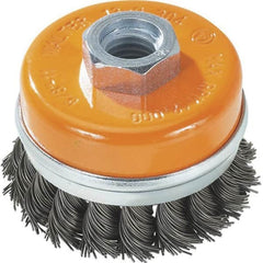 WALTER Surface Technologies - 4" Diam, 5/8-11 Threaded Arbor, Steel Fill Cup Brush - 0.02 Wire Diam, 8,600 Max RPM - Exact Tooling