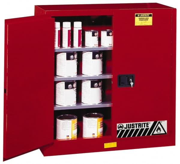 Justrite - 2 Door, 3 Shelf, Red Steel Standard Safety Cabinet for Flammable and Combustible Liquids - 44" High x 43" Wide x 18" Deep, Manual Closing Door, 3 Point Key Lock, 40 Gal Capacity - Exact Tooling