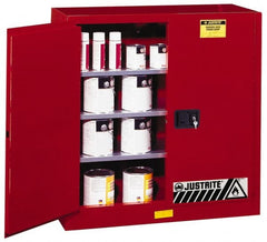 Justrite - 2 Door, 3 Shelf, Red Steel Standard Safety Cabinet for Flammable and Combustible Liquids - 44" High x 43" Wide x 18" Deep, Manual Closing Door, 3 Point Key Lock, 40 Gal Capacity - Exact Tooling