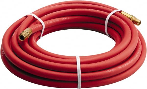Parker - 3/8" ID x 0.656" OD 25' Long Multipurpose Air Hose - MNPT x MNPT Ends, 200 Working psi, -40 to 212°F, 1/4" Fitting, Red - Exact Tooling