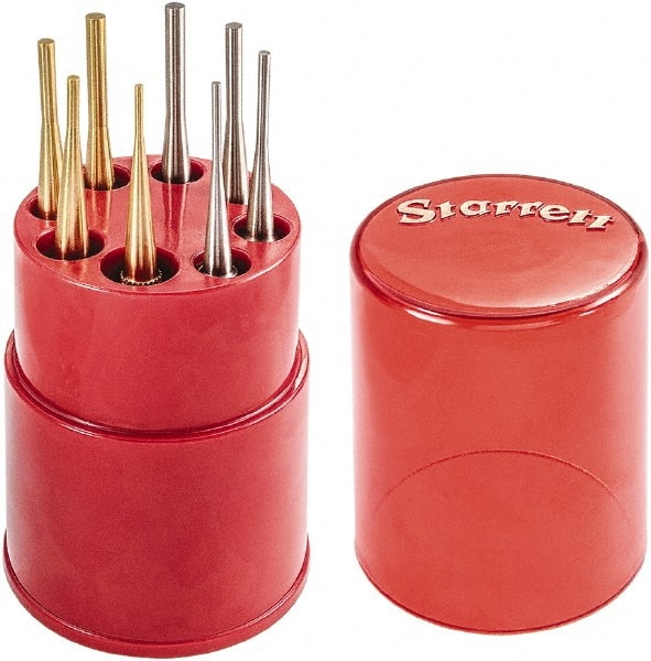 Starrett - 8 Piece, 1/16 to 5/32", Pin Punch Set - Round Shank, Brass & Steel, Comes in Plastic Tube - Exact Tooling