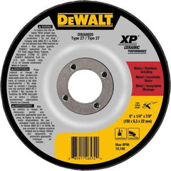 DeWALT - 24 Grit, 6" Wheel Diam, 7/8" Arbor Hole, Type 27 Depressed Center Wheel - Coarse/Medium Grade, Ceramic, N Hardness, 10,100 Max RPM - Exact Tooling