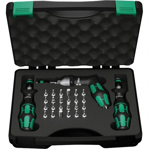 Wera - 28 Piece, 2-1/2 to 55 In/Lb, Ergo Cushion Grip Driver Adjustable Torque Limiting Screwdriver Kit - 1/4" Drive - Exact Tooling