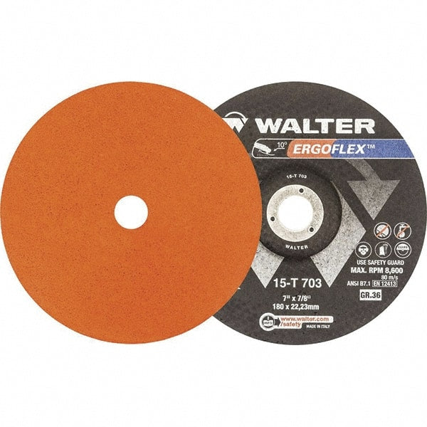 WALTER Surface Technologies - 36 Grit, 5" Disc Diam, 7/8" Center Hole, Type 29 Ceramic Flap Disc - 12,200 Max RPM, Fiber Backing, Arbor Attaching System, Coated - Exact Tooling
