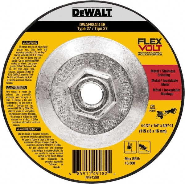 DeWALT - 4-1/2" Wheel Diam, 1/4" Wheel Thickness, 7/8" Arbor Hole, Type 27 Depressed Center Wheel - Fine/Coarse Grade, Ceramic, 13,300 Max RPM - Exact Tooling