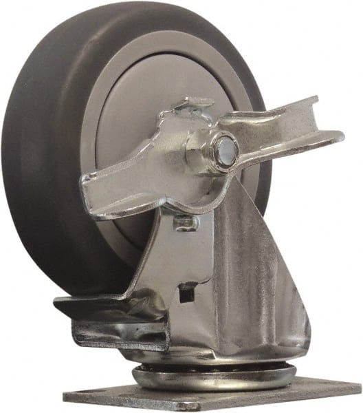 Snap-Loc - 4" Diam x 1" Wide x 5" OAH Top Plate Mount Swivel Caster with Brake - Polyurethane, 375 Lb Capacity, Ball Bearing, 1-3/4 X 2-7/8" Plate, Round Stem - Exact Tooling