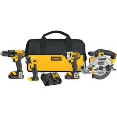 DeWALT - 20 Volt Cordless Tool Combination Kit - Includes 1/2" Drill/Driver, 1/4" Compact Impact Driver, 6-1/2" Circular Saw & Handheld Light, Lithium-Ion Battery Included - Exact Tooling