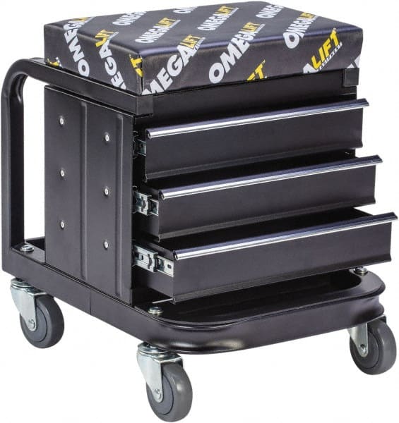 Omega Lift Equipment - 450 Lb Capacity, 4 Wheel Creeper Seat with Drawers - Steel, 18-1/4" Long x 18-7/8" High x 14" Wide - Exact Tooling