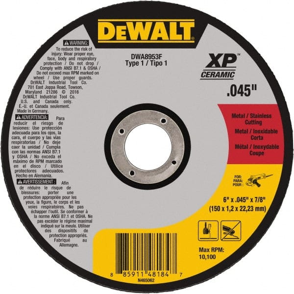 DeWALT - 6" Ceramic Cutoff Wheel - 0.045" Thick, 7/8" Arbor, 10,100 Max RPM, Use with Angle Grinders - Exact Tooling