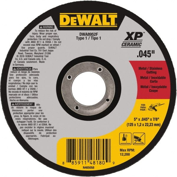 DeWALT - 5" Ceramic Cutoff Wheel - 0.045" Thick, 7/8" Arbor, 12,200 Max RPM, Use with Angle Grinders - Exact Tooling