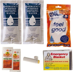 PRO-SAFE - Emergency Preparedness Kits Type: Cool Down Emergency Kit Contents: (2) Emergency Drinking Water Packets; (2) Sunscreen + Insect Repellant Cream; Cooling Towel; Emergency Mylar Blanket; Lip Balm - Exact Tooling