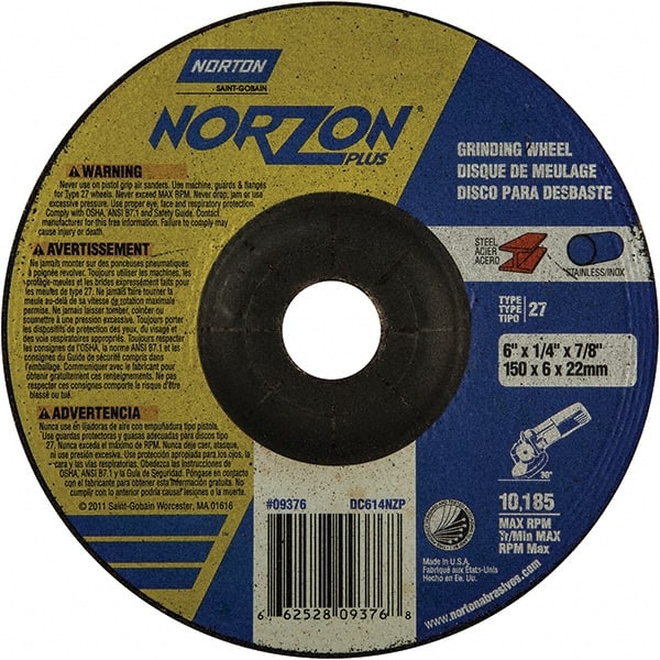 Norton - 20 Grit, 6" Wheel Diam, 1/4" Wheel Thickness, 7/8" Arbor Hole, Type 27 Depressed Center Wheel - Extra Coarse Grade, Ceramic, 10,185 Max RPM - Exact Tooling