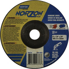 Norton - 20 Grit, 6" Wheel Diam, 1/4" Wheel Thickness, 7/8" Arbor Hole, Type 27 Depressed Center Wheel - Extra Coarse Grade, Ceramic, 10,185 Max RPM - Exact Tooling