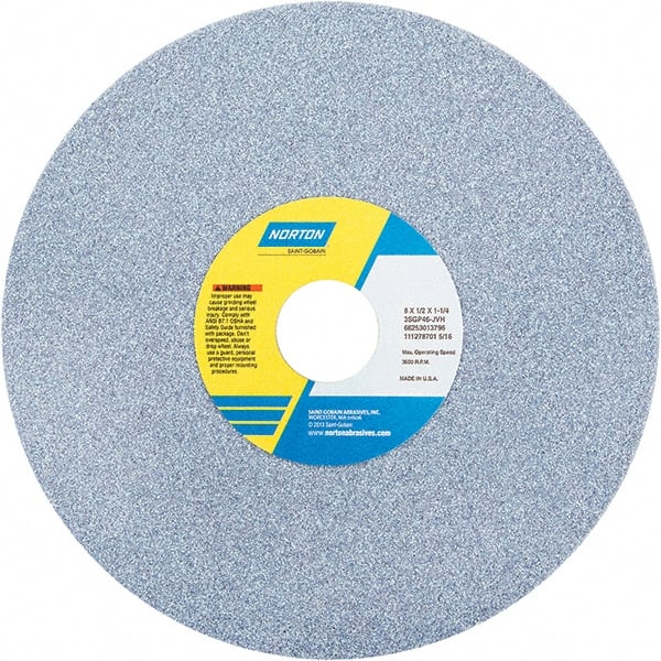 Norton - 8" Diam x 1-1/4" Hole x 1/2" Thick, J Hardness, 46 Grit Surface Grinding Wheel - Ceramic, Type 1, Coarse Grade, 3,600 Max RPM - Exact Tooling