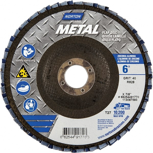 Norton - 40 Grit, 6" Disc Diam, 7/8" Center Hole, Type 27 Zirconia Alumina Flap Disc - 10,200 Max RPM, Fiberglass Backing, Arbor Attaching System, Coated - Exact Tooling