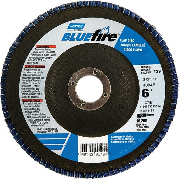 Norton - 36 Grit, 6" Disc Diam, 7/8" Center Hole, Type 29 Zirconia Alumina Flap Disc - 10,200 Max RPM, Fiberglass Backing, Arbor Attaching System, Coated - Exact Tooling