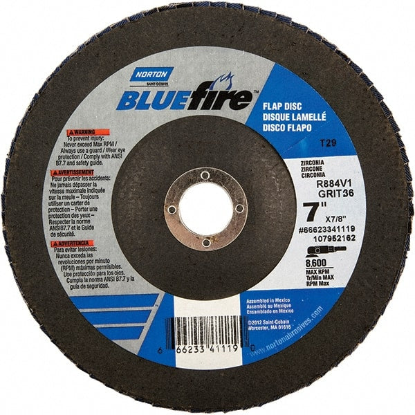 Norton - 24 Grit, 7" Disc Diam, 7/8" Center Hole, Type 29 Zirconia Alumina Flap Disc - 8,600 Max RPM, Fiberglass Backing, Arbor Attaching System, Coated - Exact Tooling